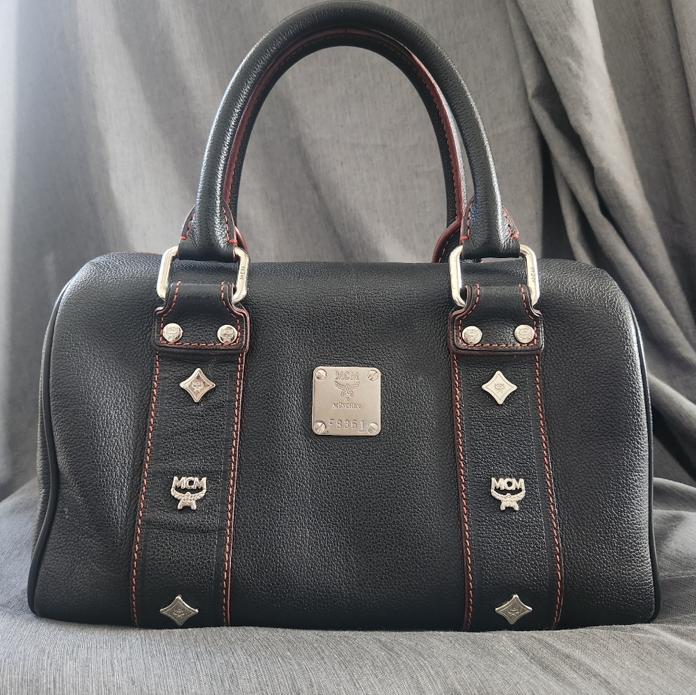 MCM Black Pebbled Leather Studded Boston Bag